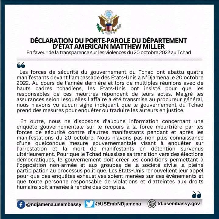 Tchad : 20 OCTOBRE, les USA exigent une enquête transparente